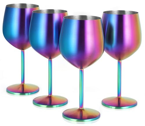 Livole Rotweingläser Set, 18Oz 550ml Weingläser aus Edelstahl, Champagner Gläser, Pokale Groß Bauchig, Cocktailgläser mit Stiel, Wine Glass Set für Cocktails, Rotwein, Bunt (4er Pack)