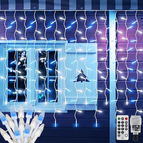 CORST 6MX1M Lichterkette Eisregen Außen Strom,300LED Eiszapfen Weihnachten Lichterkette mit Fernbedienung Timer, Lichtervorhang Wasserdicht Verknüpfbar für Eaves Christmas(Blau+Weiss)