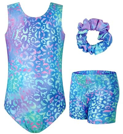 JiAmy Turnanzug Mädchen, Gymnastikanzug Kinder mit Hose Haarband Set, Glänzendes Gymnastik Turnanzug Leotard für 5-6 Jahre Blau Leopard
