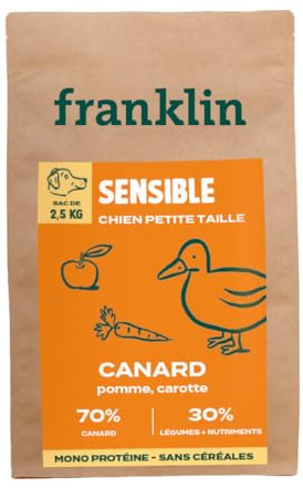 Franklin – Croquettes Chien sans Céréales – Gamme Protéinée – avec 70% de Canard – Mono-protéine – Digestion Facile – Taille 8mm – 2,5 kg