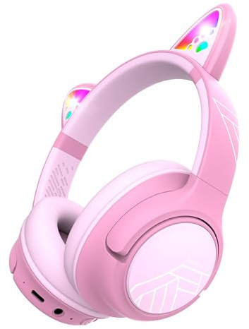 PowerLocus Cuffie Bluetooth per Bambini, Cuffie Wireless per Ragazzi, 74/85/94dB Limite di Volume, Luci a LED, Cuffie Over Ear Pieghevole Senza Fili con Microfono per iPad/Viaggio/Tablet/PC (Rosa)