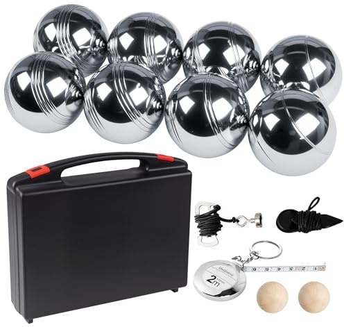 Truevaste Boule Set Metall Boccia Set 8 Kugeln 73mm 720g, Petanque Spiel Outdoor, Komplett mit Zielkugeln, Messband, Magnet Kugelsammler & Transportbox für Garten Strand