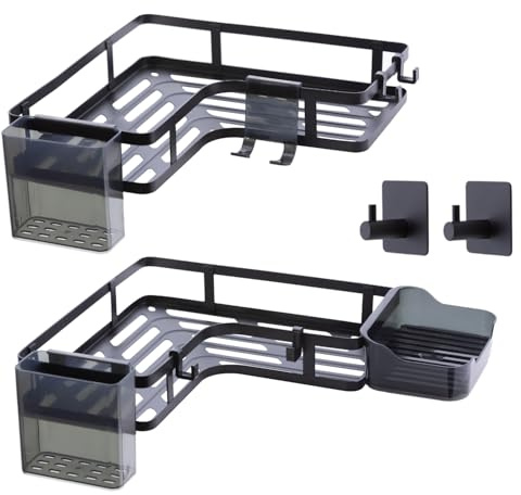 Estantería de Ducha Esquinera sin Taladro para Baño (Set 2) | Organizador de Ducha Autoadhesivo de Acero Negro Antióxido con Ganchos, Soporta hasta 7 kg por Estante | MUBBIO