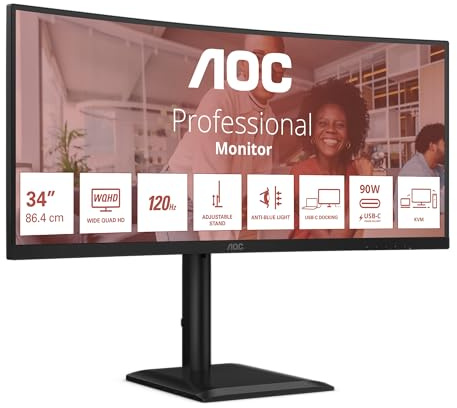 AOC CU34E4CV WQHD de 34 Pulgadas Monitor, 120 Hz, VA, 4 ms MPRT, sincronización adaptativa, HDR Ready/HDR10, Ajuste de Altura, Altavoces (3440 x 1440, 2 HDMI 2.0, 1 DP 1.4, concentrador USB) Negro
