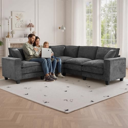 EYBCT 97 L Shaped Couch Corner Sofa, 5 Seater Oversized Cloud Couch with 2 Pillows Chenille Modular Sectional Sofa Armrests with Two Hidden Storage Space Sectional Couches for Living Room Dark Grey