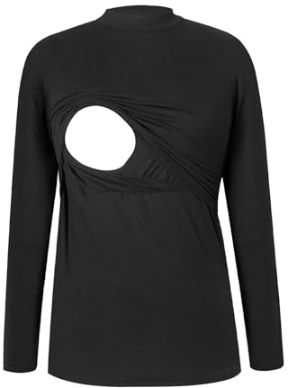 Smallshow Women's Nursing Tops Crew Neck Long Sleeve Breastfeeding Clothes,Black,M
