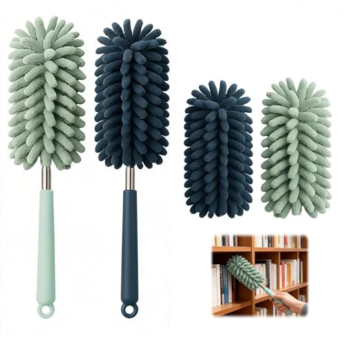 Vninkul 2 Piezas Plumero Telescopico Extensible con 2 Piezas de Recambio de Microfibra Flexible,Plumero de Microfibra con Mango Telescópico para Coche Oficina o Hogar Extensible hasta 80 cm