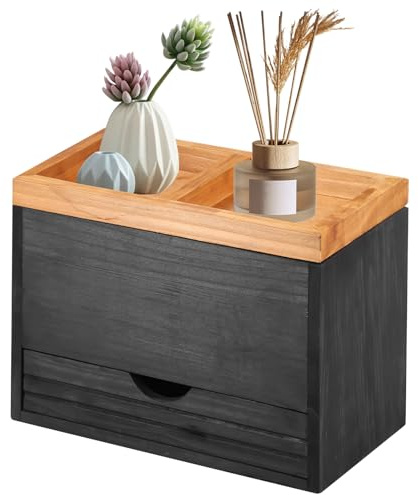 TNTGMG Porta tamponi, in legno con coperchio e cassetto, organizzatore per articoli igienici da donna, 25 x 15 x 18 cm, organizer per articoli per l'igiene da donna in stile rustico, contenitore nero
