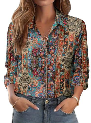 Zeagoo Chemisiers et Blouses Femme Fleurs Longue Élégant Manches Motif Printemps Été Col Montant Boutonnée Chemises sans Business Basique Hauts Paisley Doré L