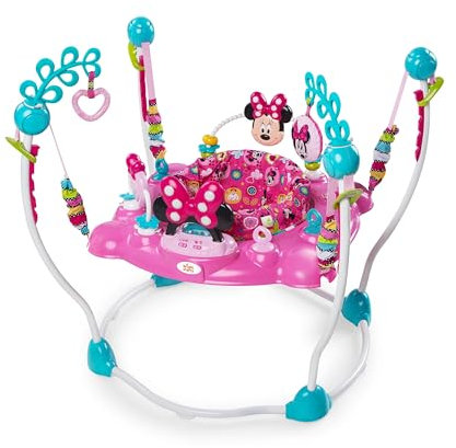 Bright Starts, Disney Baby, Minnie Maus Peekaboo, Spring- und Spielcenter mit Spielstation mit Lichtern und Musik, 12 Aktivität Spielzeug, 360° drehender Sitz, höhenverstellbares, Kinder ab 6 Monaten
