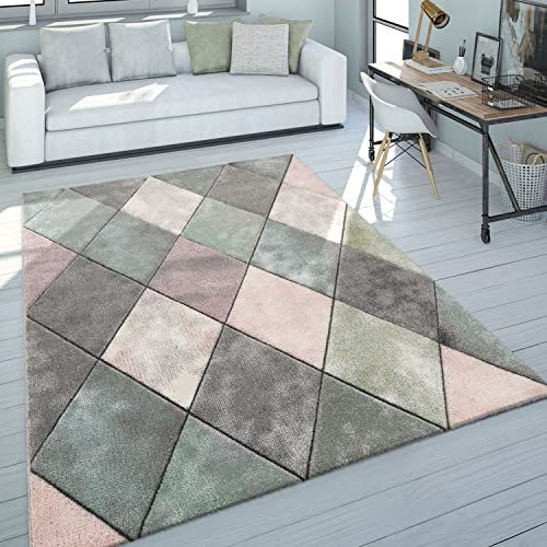 Paco Home Teppich Wohnzimmer Bunt Pastellfarben Rauten Muster 3-D Design Kurzflor Robust, Grösse:160x230 cm