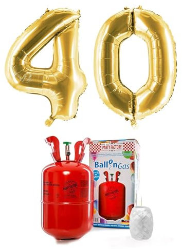 PARTY FACTORY Helium Set 40 mit XXL Zahlenballons, Ballongas und Ballonschnur - für Geburtstag, Jubiläum, Jahrestag; Gold, Silber, Schwarz, Pink, Rosa, Rosagold, Bunt (Gold)