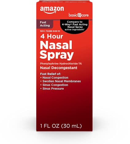 Amazon Basics Nasal Four Nasal Spray, Phenylephrine Hydrochloride 1 Percent, Nasal Decongestant, 1 fl oz (Pack of 1) (Previously Amazon Basic Care)