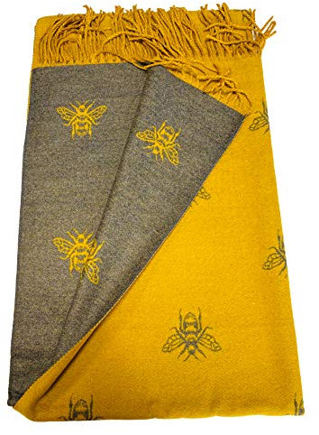 TIBET BUMBLE BEES Superweicher Schal mit schönen Quasten, wendbar, weich und warm, Gelb, Einheitsgröße