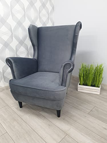 Poltrona tappezzata, poltrona con orecchie, poltrona per il soggiorno, poltrona Relax, TV, poltrona comoda per il salotto, poltrona scandinava, camera da letto, (grigio F165, con poggiapiedi)