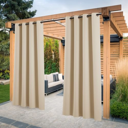 PONY DANCE Rideaux d'Extérieur - Rideau Occultants à Oeillets Isolation Thermique pour Pergola Patio Décoration de Terrasse Jardin, L 132 x H 274 cm, Jaune Beige, 2 PCs
