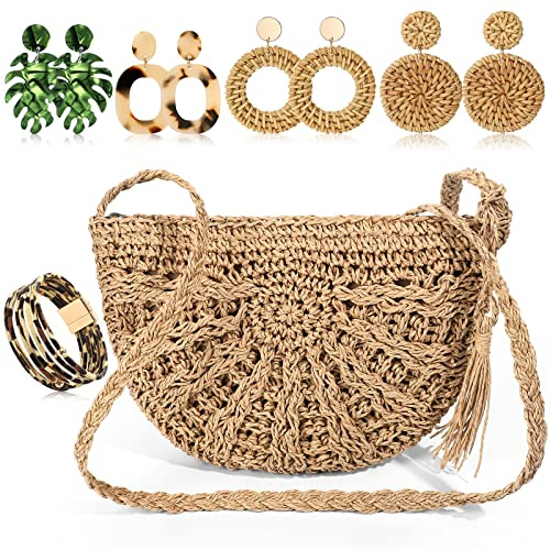 Vacation Purse Set Boho Straw Shoulder Bag Women Crossbody Beach Purse with 4 Rattan Tropical Earrings Leopard Bracelet(Semicircular)