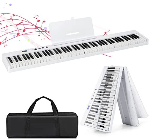 GYMAX 88 Keys Foldable Keyboard Piano, Full-size Digital Piano with Bluetooth, USB/MIDI Controller, Sustain Pedal, Rechargeable Battery & Piano Bag, Portable Electronic Keyboard for Beginners (White)