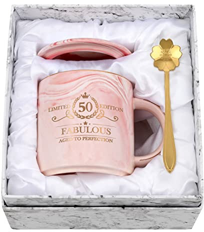 Joymaking 50. Geburtstag Geschenk für Frauen 12oz rosa Kaffeetasse mit Geschenkpackung, Geburtstagsgeschenk für Mutter Mitarbeiter Freund Chef, Kaffee Tasse für Geburtstagsgeschenk Weihnachten