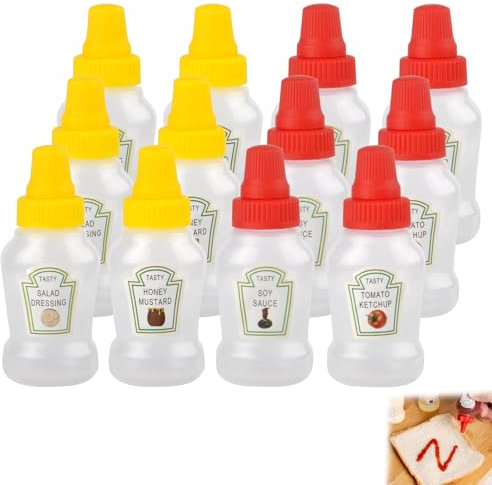 APOMOONS Mini Quetschflasche 12 Stück Mini Saucenspender, 25ml squeeze flasche Ketchup Spender Quetschflasche Plastikflaschen zum Befüllen mit Etiketten Ketchup Sojasauce Honigsauce Salatdressing