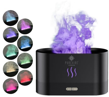 PureAire Oil Diffuser Flame Effect Humidifier for Bedroom Office Aromatherapy Diffuser Aroma Home Fragrance Diffusers for Home Colour Changing LED Ultrasonic USB (Black) Auto Off Nightlight Cool Mist