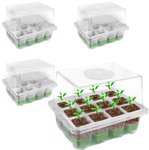BYZESTY Zimmergewächshaus Anzuchtkasten, 4 Stück 48 Zellen Mini Gewächshaus Anzucht Set mit Erhöhten Deckel, Anzuchtplatte Topfplatte, Setzling Starter Tabletts Treibhaus für Sämlinge