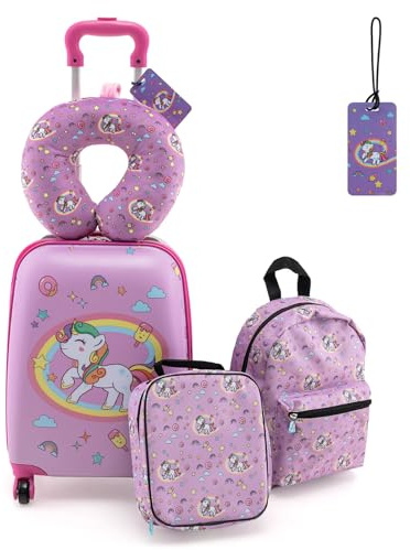 DREAMADE 5tlg Kinderkoffer Set, Kinder Reisekoffer mit Rucksack, Nackenkissen, Lunchtasche & Kofferanhänger, Reisetrolley mit Rollen für Kinder ab 3 Jahren, 30 x 23 x 46cm (Pink-Einhorn)