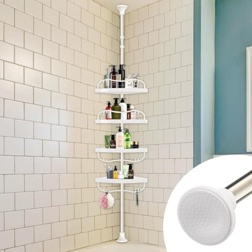 LAIDER HEROS Estanteria Baño Telescopica sin Taladros, 137-289 cm 4 niveles Estanteria Rinconera Ducha para Almacenamiento Champú Gel Ducha Jabonera Ducha/Plata