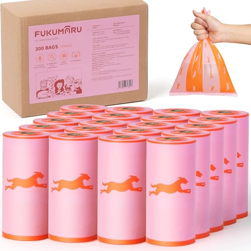 FUKUMARU Bolsas para Excrementos de Perro, 300 Unidades, Rollos de Repuesto a Prueba de Fugas con Fragancia a Rosa, Fáciles de Arrancar, Diseño Rosa para Perros