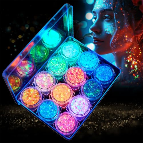 Cadimus Lumineuse Paillettes Gel,12 couleurs Paillette Visage,Colle à Paillettes Festival,Fluorescent Paillette Corps,Convient pour les Fêtes de Noël, d'Halloween, de carnaval et les fêtes costumées