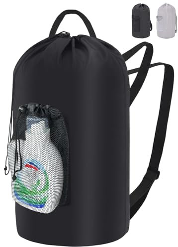 IHOMAGIC 95L Grande Bolsa Ropa Sucia Portátil con Bolsillo, Cesto Ropa Sucia de Nailon con correa para el hombro, Cesta de Lavandería Portátil para la Lavandería, Viajes, Dormitorio, Negro