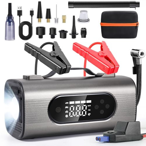 LAMA Aide au démarrage de voiture - 2000 A - Portable - 12 V - Compatible avec 4,0 l d'essence / 2,5 l diesel - Avec écran LCD / lumière LED / aspirateur / remplissage de pneus - Gris