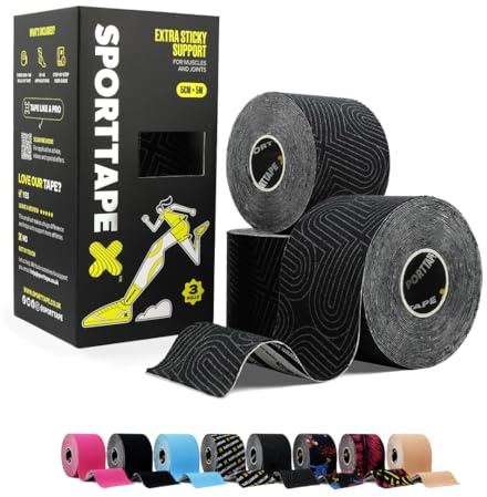 SPORTTAPE Kinesiology Tape - 5cm x 5m, 3 Rolls, Platinum - Extra Sticky | Kinetic Physio Tape for Muscle Injury Recovery, Sports Strapping, Knee Pain, Joint Support & Blisters - Single Uncut Rolls