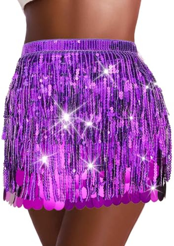 IYOU Sparkly Purple Sequins Skirt Fringe Belly Dance Hip Scarf Costume Skirts for Women (UK, Alpha, One Size, Regular, Regular, Standard, Purple)