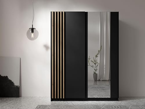 AXLIVING Kleiderschrank schwarz mit Spiegel 150 cm – Beralto mit Lamellen