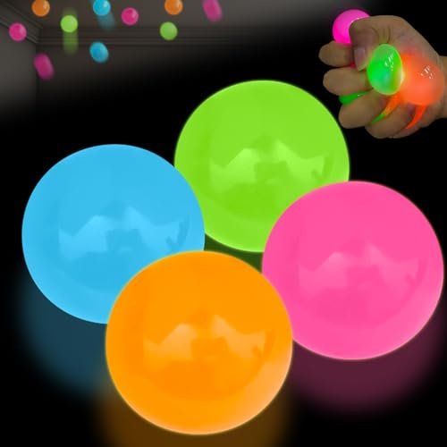 Tylices 4 Pcs Glow in the Dark Sensory Balls, Upgraded Glowing Sticky Balls Stick to The Ceiling, Stress Relief Squishy Ball Toys for Adults & Kids, Stocking Stuffers, Asmr Cool Stuff & Party Favors