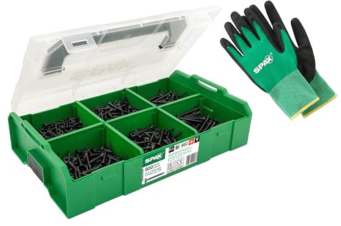SPAX Maletín de montaje L-BOXX Mini BLAX con 800 tornillos universales negros en 6 tamaños para la construcción de muebles decorativos, incl. 3 -STAR plus T20 y guantes de trabajo – 8000000294631