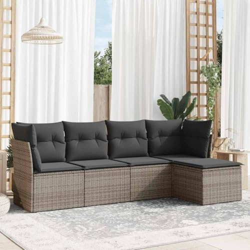 QJBSAVVA Juego de muebles de jardín de 5 piezas, polirratán, gris, 62 x 62 x 69 cm, sofá de esquina, sofá central, grupo de asientos para exteriores, con cojines extraíbles, diseño moderno, robusto y