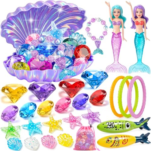 Jeowoqao Diving Pool Toys for Kids Diving Gem Treasure Chest, 29Pcs Seek Treasure Underwater Set Shark Dive,Diving Rings Summer Swimming Pool Party Sinking Toy for Kids 3-10 Multiple Competition Toys