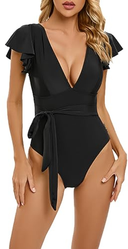 Bañador Reductor Mujer Push Up Traje de Baño Traje de ño Sexy Manga Corta con Volantes en el Pecho en V Profundo Color sólido para Mujer ñador Reductor ñadores Tallas (Black S)