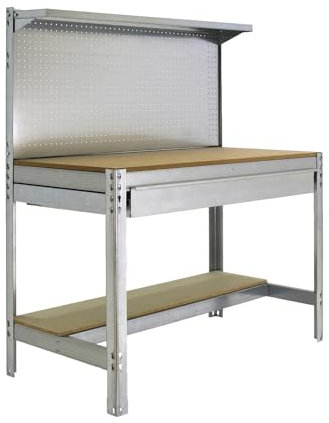 Simon Rack Banco de Trabajo Taller, Capacidad Carga 400 kg, 1445x910x610 mm, Mesa de Trabajo, 1 Cajón, Galvanizado/Madera - BT3