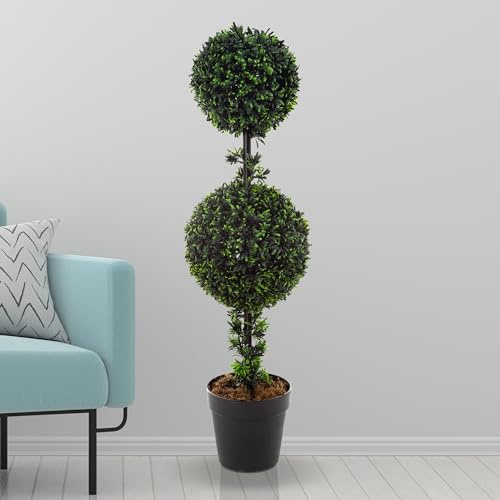 Artificial Topiary Tree - 36-Inch Double Ball Podocarpus Fake Plant - Realistic Indoor or Outdoor Potted Faux Plants for Home Decor by Pure Garden