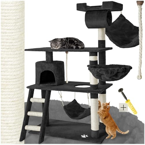 tectake Katzen Kratzbaum, Katzenbaum, Kletterbaum, 141cm hoch, Katzenhaus Indoor mit Hängematte, Höhle, Spielseil und Treppe, Plüsch Sisal, Katzen Kratzmöbel mit Spielzeug, extra breit - schwarz