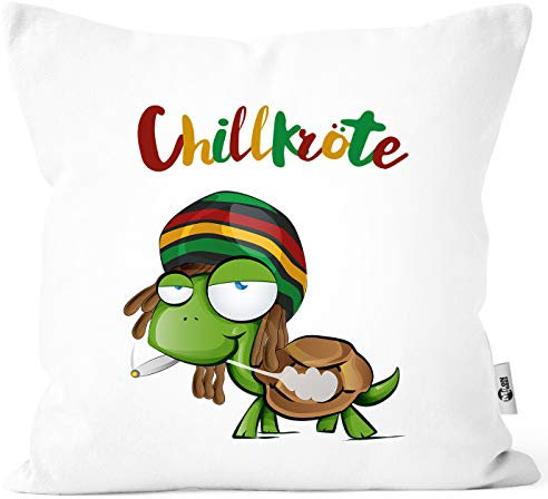 MoonWorks® Kissen-Bezug Chillkröte Schildkröte Rastafrisur Joint Comic Stil Kissen-Hülle Deko-Kissen Baumwolle Weiss Unisize