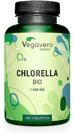 Chlorella Bio Vegavero | 1000 mg Presslinge: Höchster Gehalt | Vegan & Ohne Zusätze | 180 Chlorella Tabletten