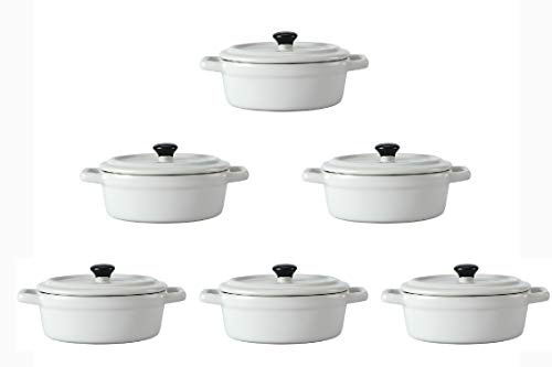 Lot de 3 Mini Cocottes Ovales Blanches Céramique Double Poignées Avec Couvercle 14cm x 6,3cm Contenance Moule 150ml Ramequin Résistant Haute Température Four Pour Petits Plats (Blanches, Lot de 6)