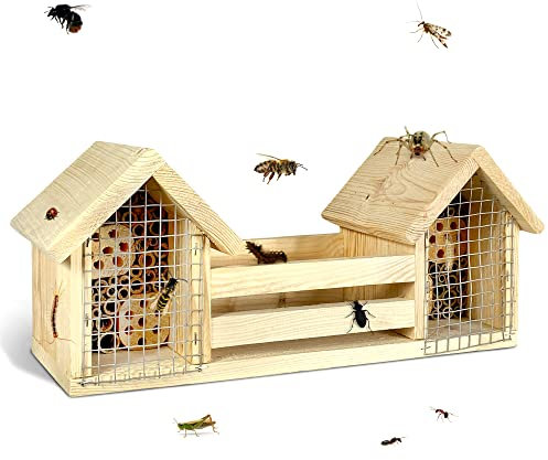 GARTENETAGE Bienenhotel mit Blumenbalkon unbepflanzt/Insektenhotel fertig Montiert aus Massiv-Holz/Unbehandeltes Bienenhaus/Nisthilfe Wildbienen & Artenschutz zum Aufstellen und Aufhängen