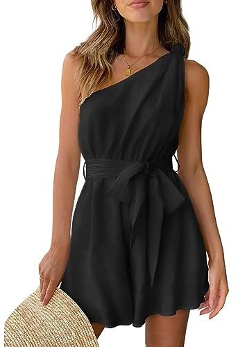 RPAEOY Tuta Donna Monospalla Senza Maniche Vita Alta Con Cintura Tutina Corta Casual Rompers Con Tasche Short Jumpsuit Estiva Pantaloncini Per Feste Spiaggia Nero S