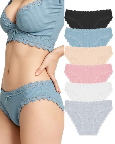 POWER FLOWER 6-Pack Ladies Cotton Knickers – Lace Briefs, Comfortable Bikini Panties, Breathable and Stylish Everyday Underwear