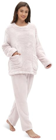Friendumo Set Pigiama in pile corallo da donna - Abbigliamento da notte per la casa - Pigiama due pezzi morbido da donna - Top a maniche lunghe e pantaloni caldi - Pigiama con tasche, bianco, M